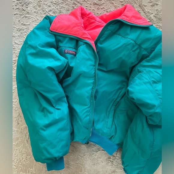 Vintage 90s Columbia Reversible Puffer Jacket Women’s Medium Teal Pink Ski Coat - Picture 2 of 3